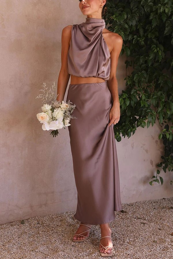 Conjunto acetinado de duas peças para convidadas de casamento Beatrice