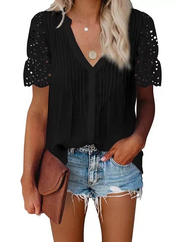 Top Beatrice com decote em V e mangas de renda