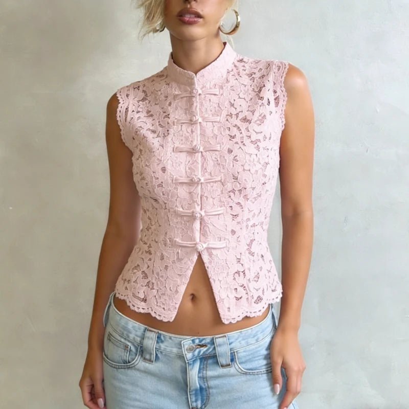 Blusa Beatrix de renda transparente com gola mandarim