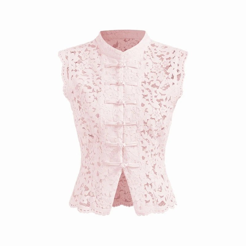 Blusa Beatrix de renda transparente com gola mandarim