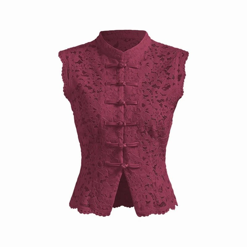 Blusa Beatrix de renda transparente com gola mandarim