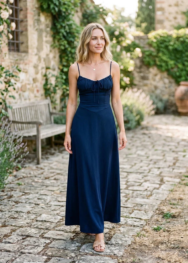 Vestido comprido Bianca com franzido na cintura