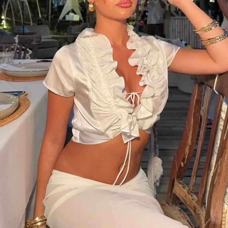 Top curto Bianca com folhos e atilhos