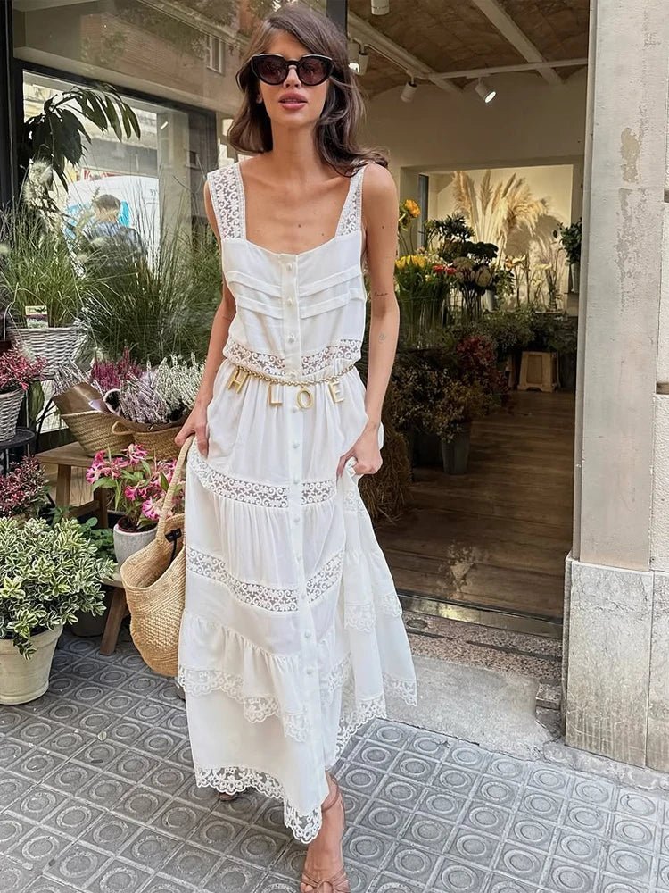 Vestido comprido Bianca, com renda em camadas e patchwork
