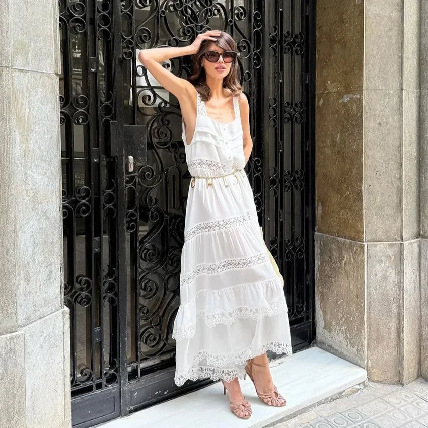 Vestido comprido Bianca, com renda em camadas e patchwork