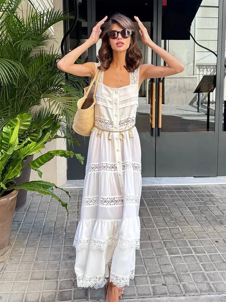Vestido comprido Bianca, com renda em camadas e patchwork