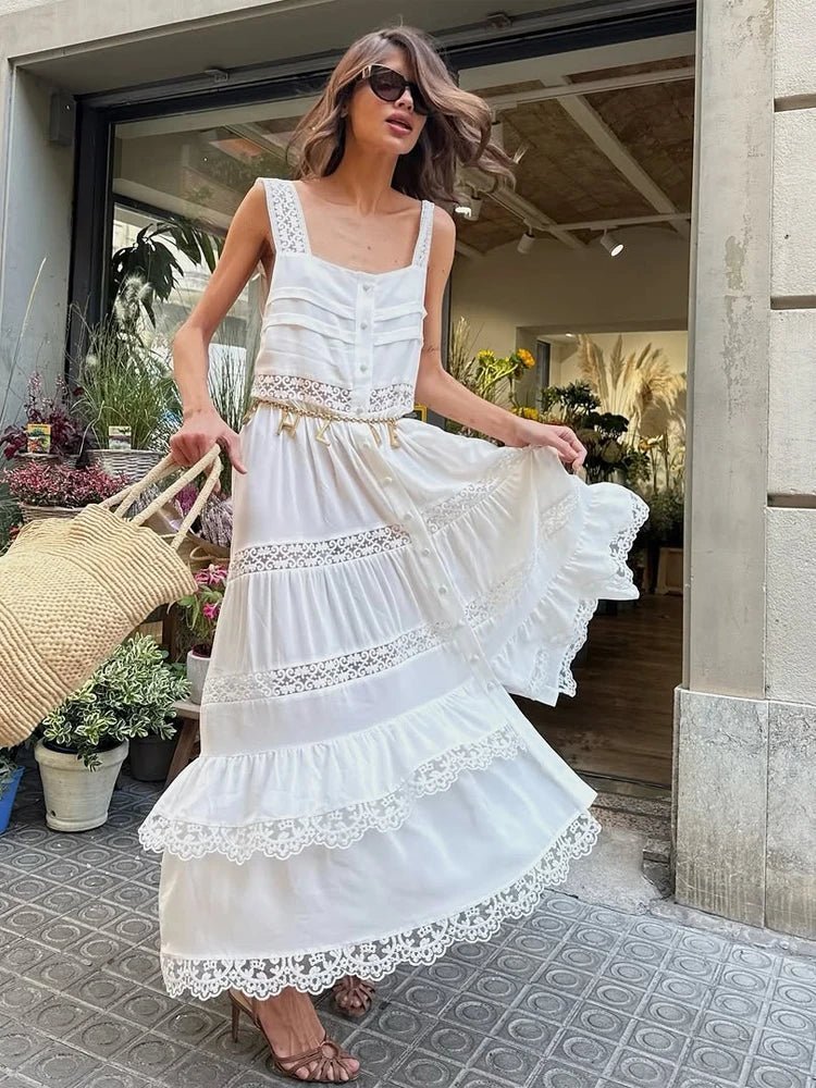 Vestido comprido Bianca, com renda em camadas e patchwork