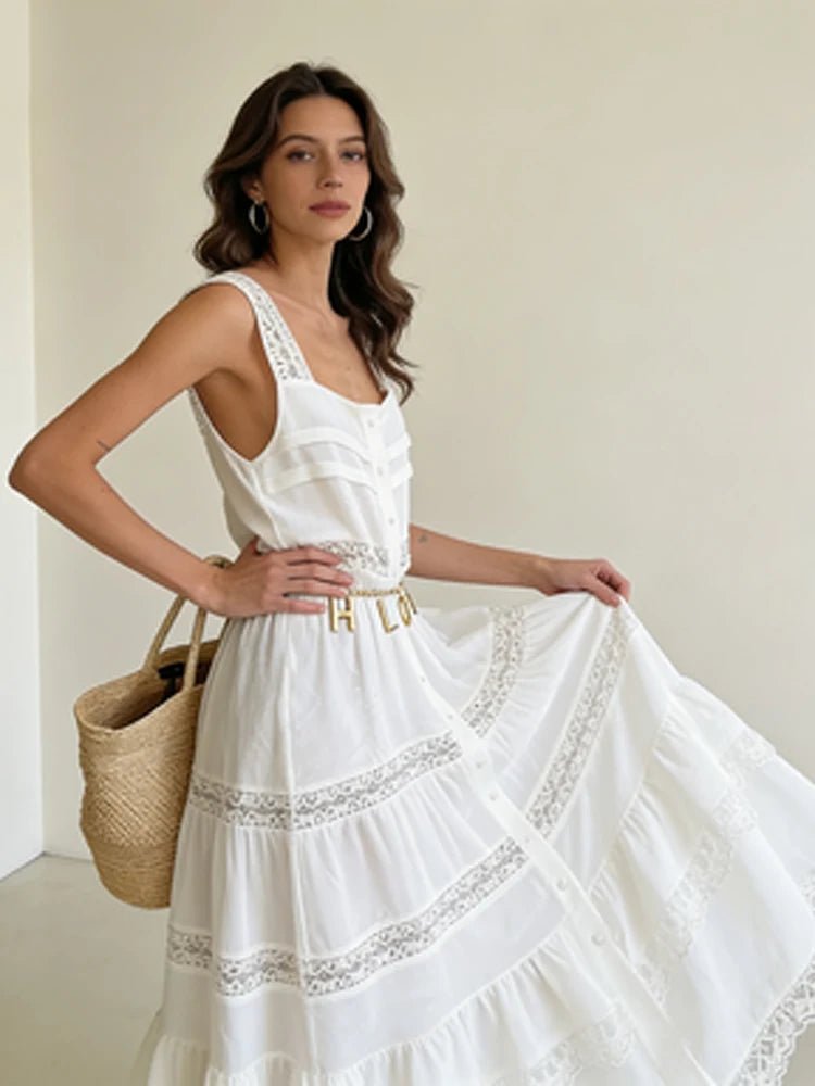 Vestido comprido Bianca, com renda em camadas e patchwork