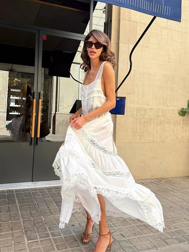 Vestido comprido Bianca, com renda em camadas e patchwork