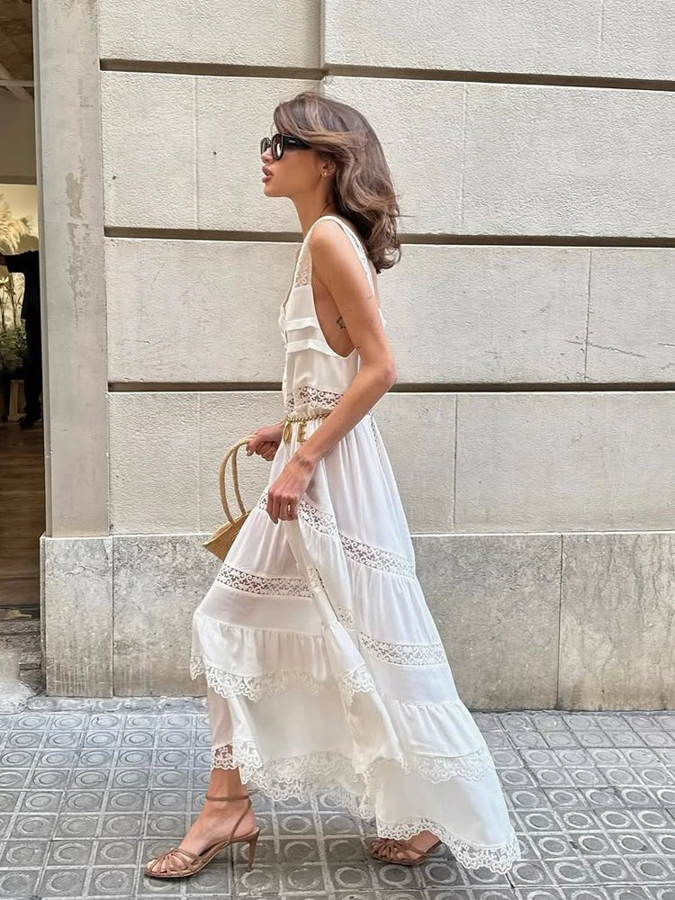 Vestido comprido Bianca, com renda em camadas e patchwork
