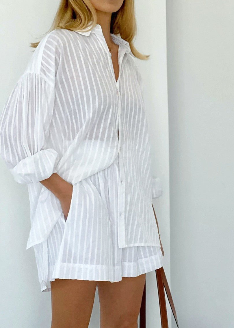 Conjunto Bridget de camisa de algodão às riscas e calções