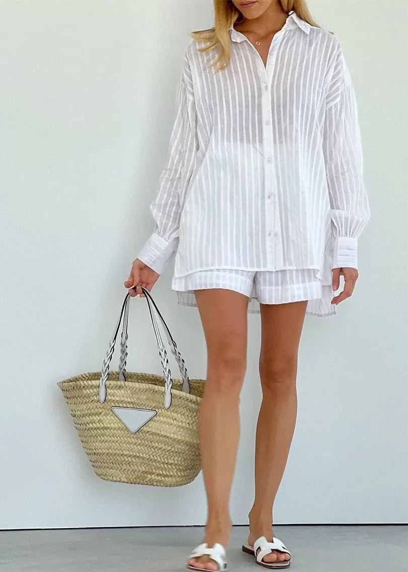 Conjunto Bridget de camisa de algodão às riscas e calções