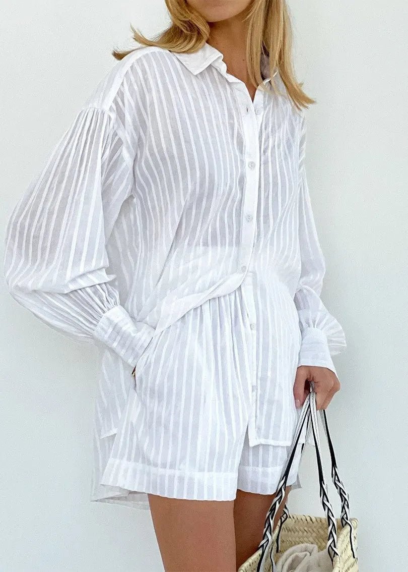 Conjunto Bridget de camisa de algodão às riscas e calções