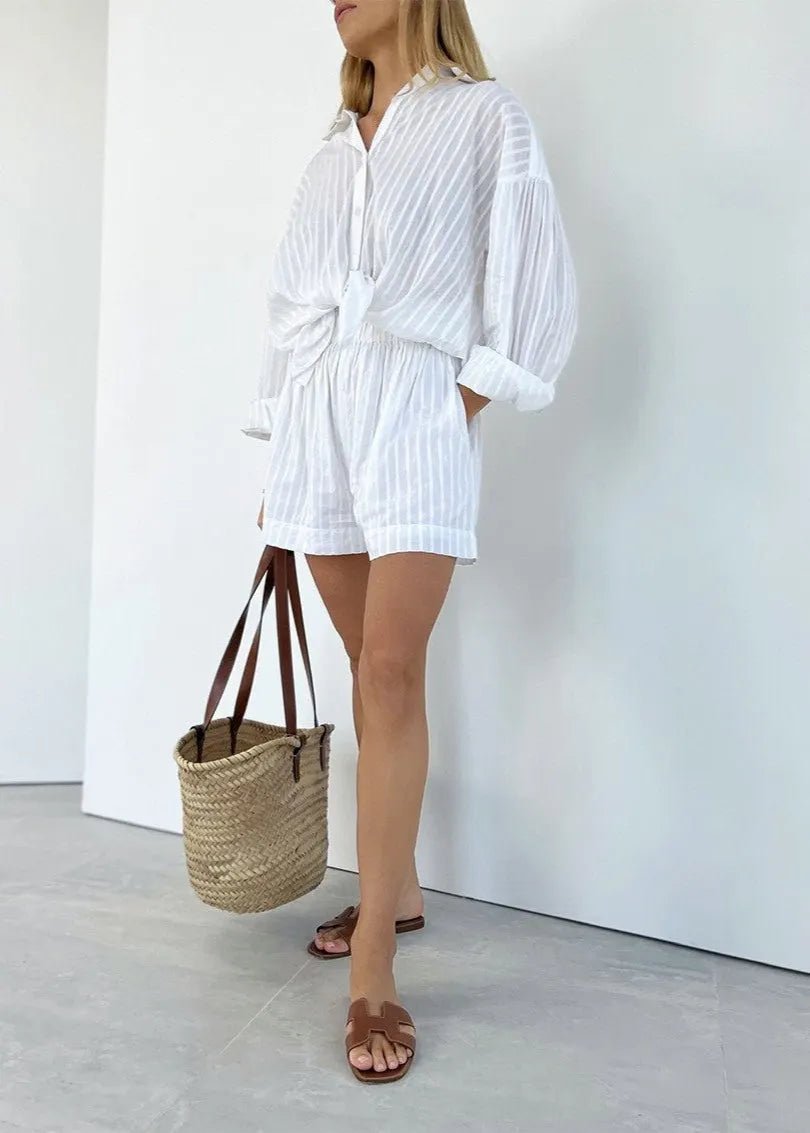 Conjunto Bridget de camisa de algodão às riscas e calções