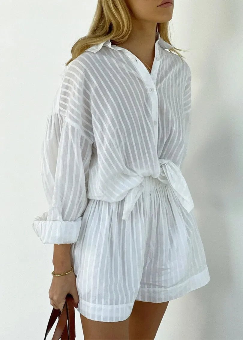 Conjunto Bridget de camisa de algodão às riscas e calções