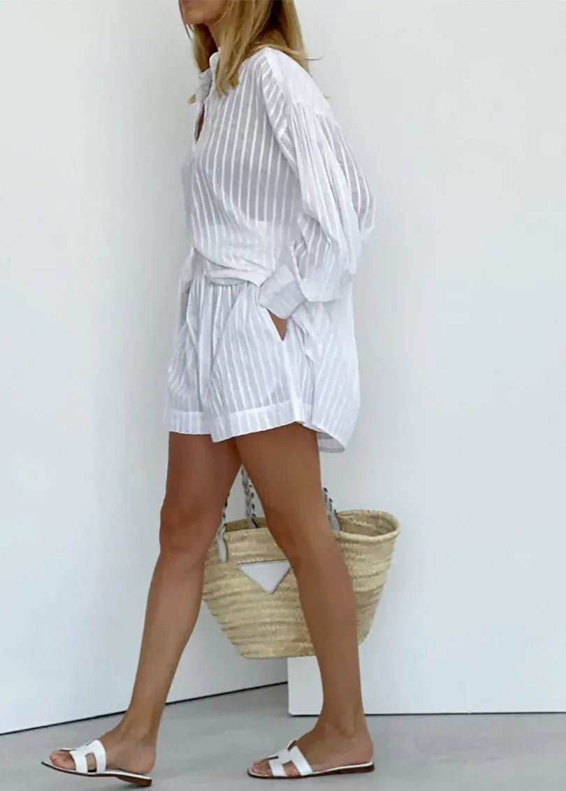 Conjunto Bridget de camisa de algodão às riscas e calções