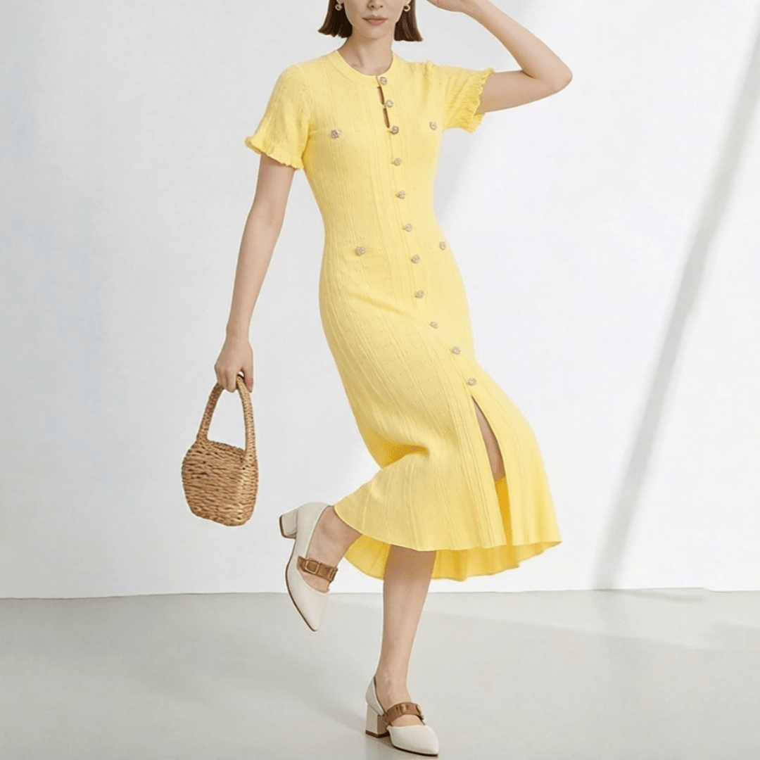 Brigette French V-Neck Knitted Slit Dress