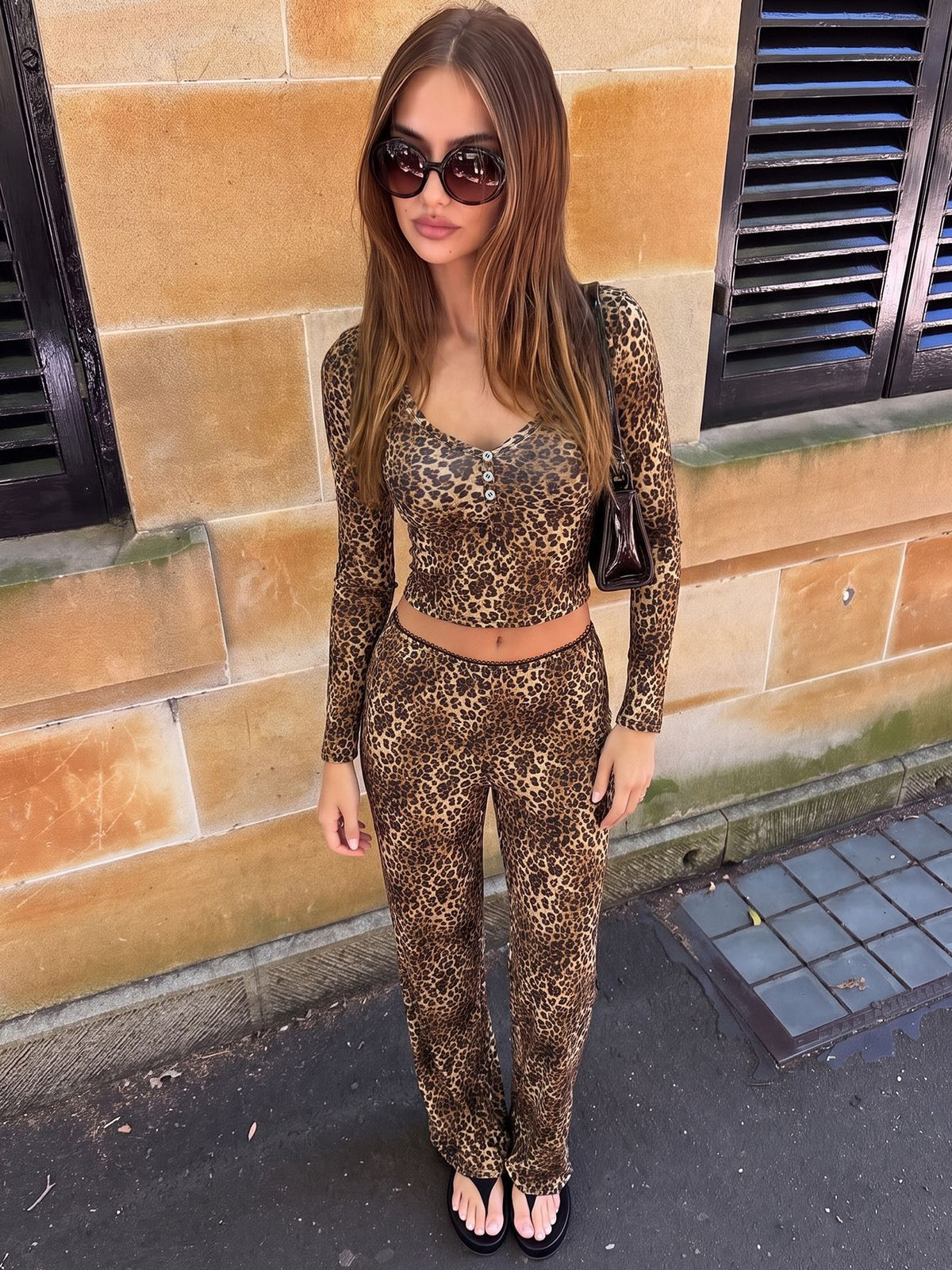 Conjunto de top e calças com padrão leopardo Jade