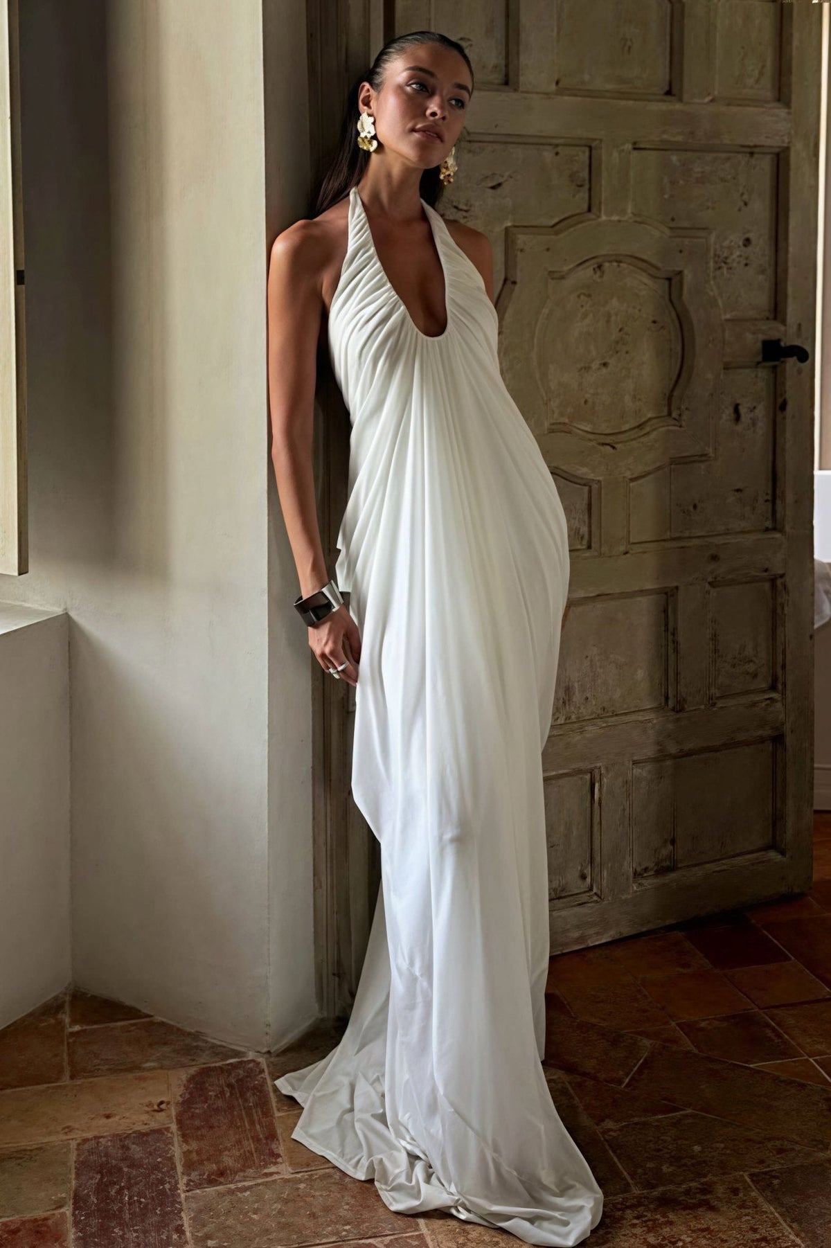 Vestido maxi de tule com decote halter e folhos Calliope