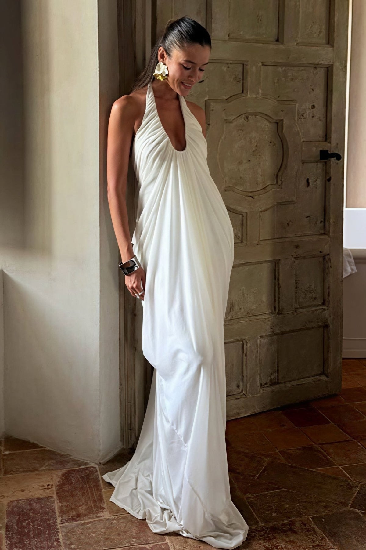 Vestido maxi de tule com decote halter e folhos Calliope