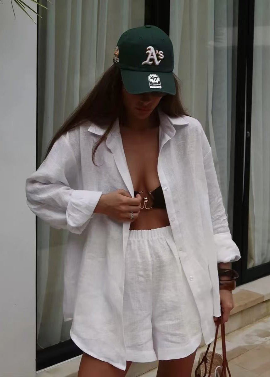 Conjunto de camisa e calções de algodão brancos Camille