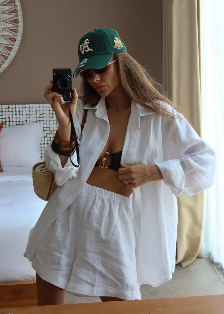 Conjunto de camisa e calções de algodão brancos Camille
