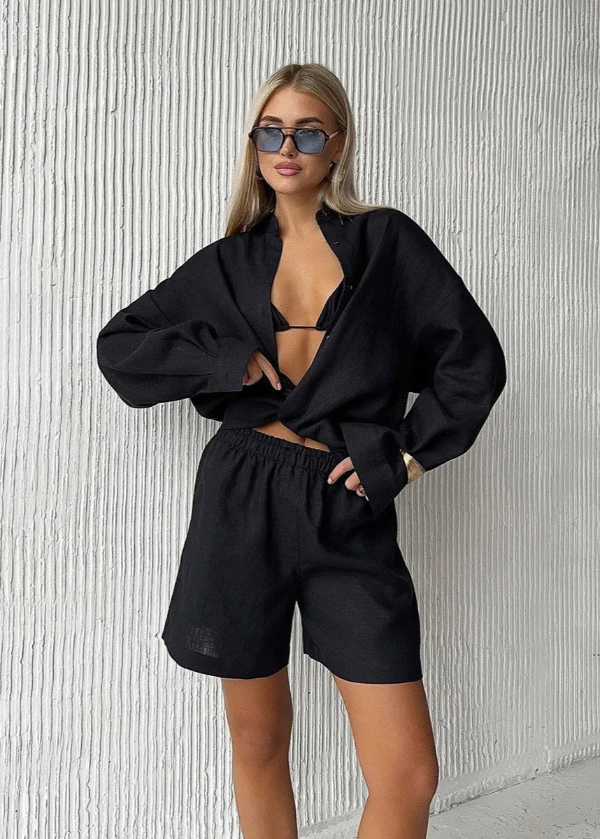 Conjunto de camisa e calções de algodão brancos Camille
