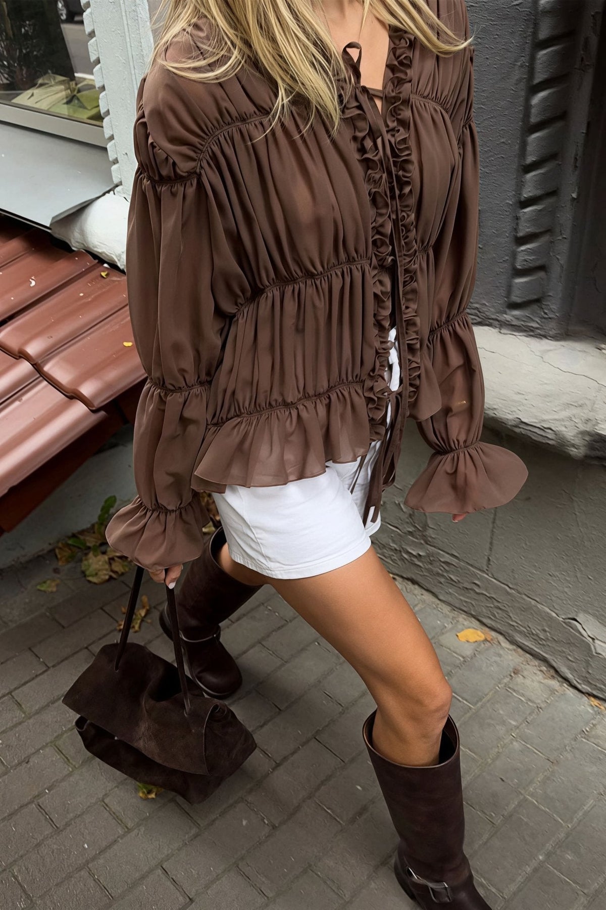 Carmen Ruched Ruffle Tie Blouse