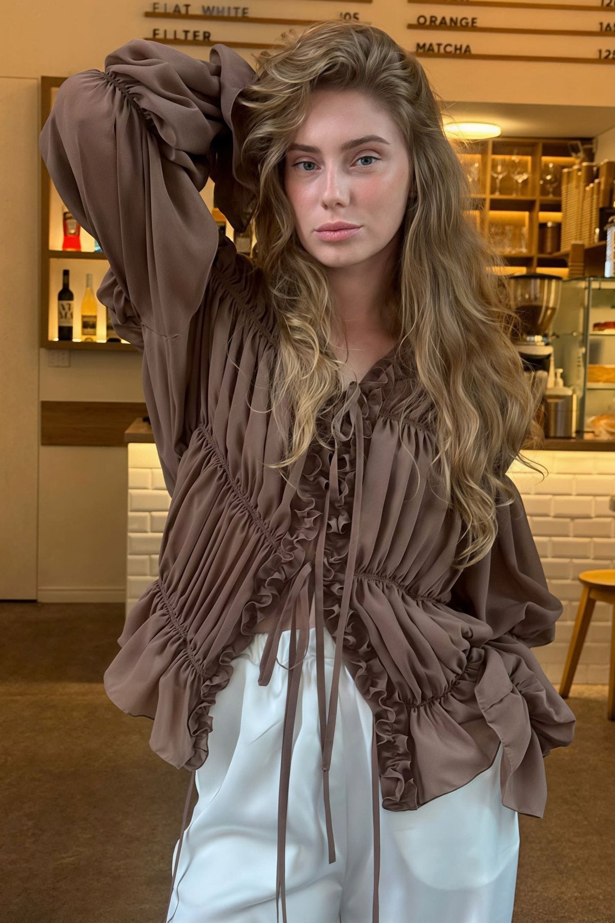 Carmen Ruched Ruffle Tie Blouse
