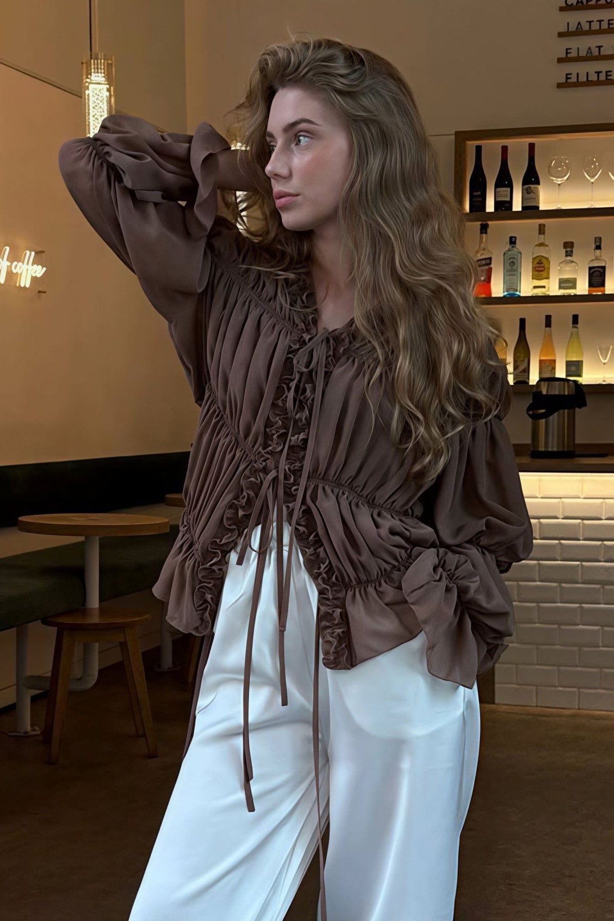 Carmen Ruched Ruffle Tie Blouse