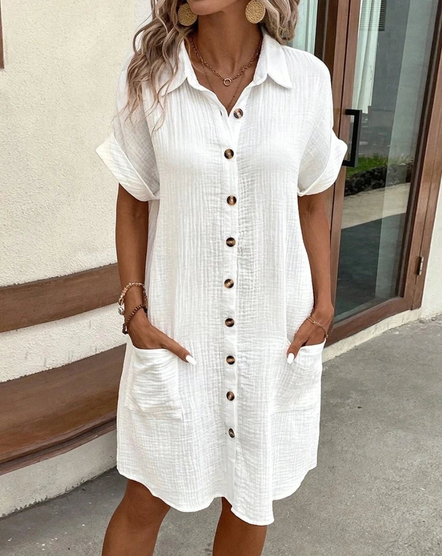 Vestido mini Catalina em algodão e linho, com decote em V