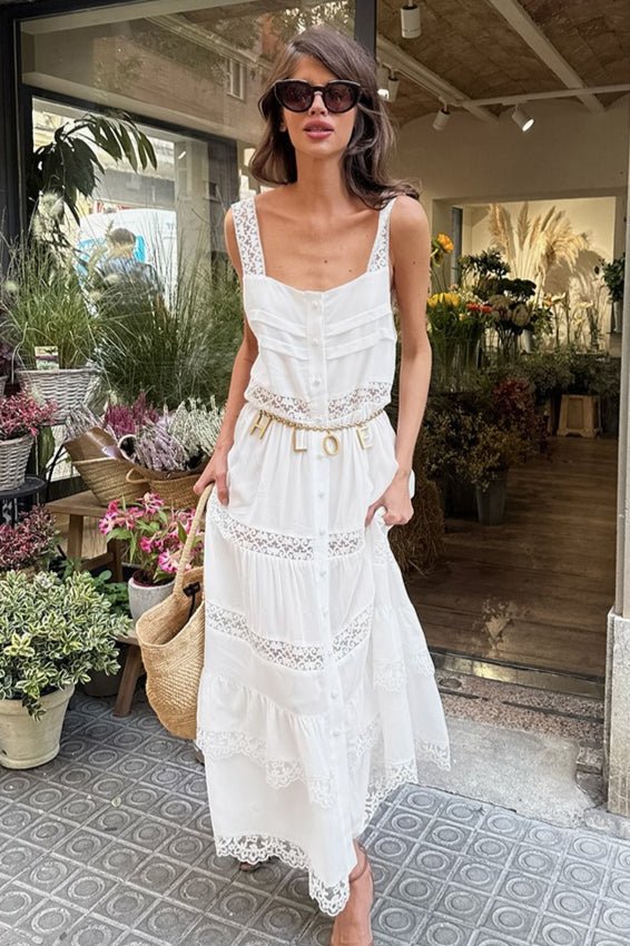Celeste Boho Lace Patchwork Ruffle Maxi Dress