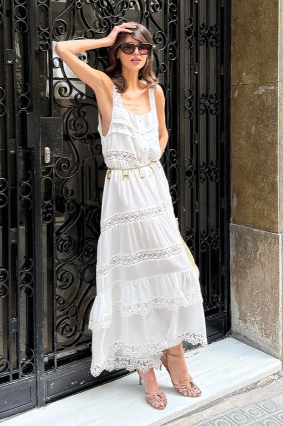 Vestido comprido Celeste boho, com renda, patchwork e folhos