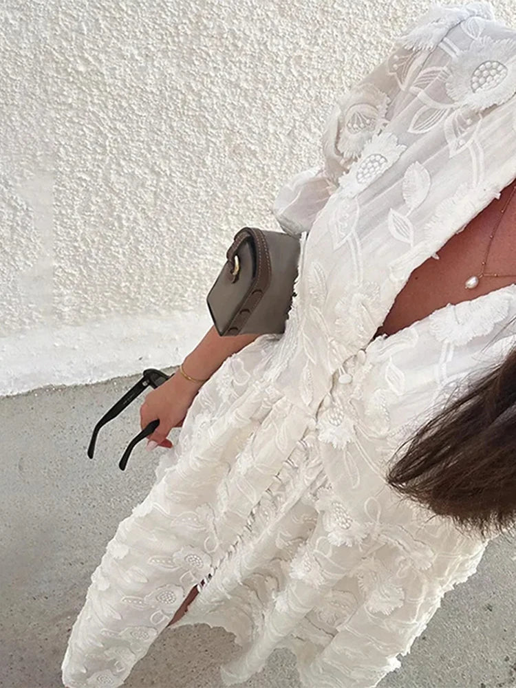 Celeste Embroidered Lace V-Neck Midi Dress