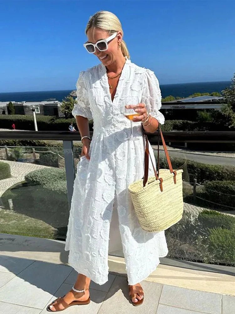 Celeste Embroidered Lace V-Neck Midi Dress