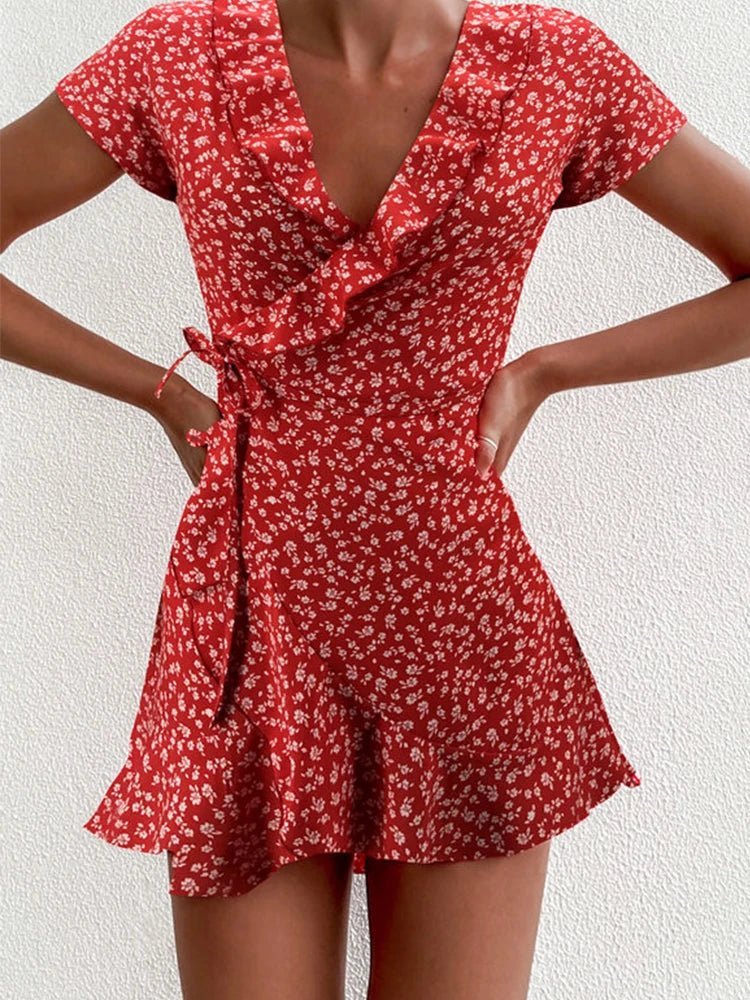 Vestido mini Celeste evasé com decote em V e padrão floral