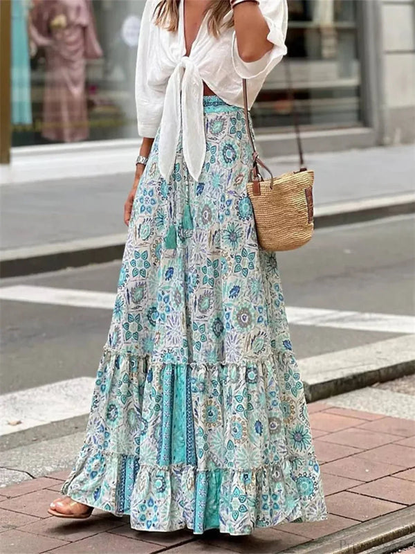 Celeste Flowy Boho Print Ruffled Hem Skirt