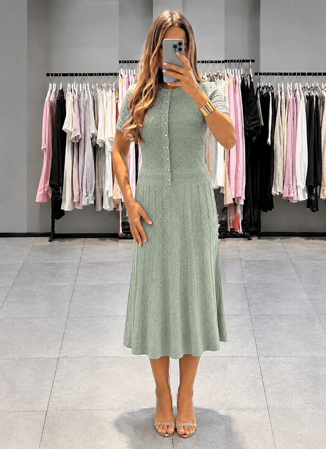 Vestido midi de malha com botões até meio Celeste