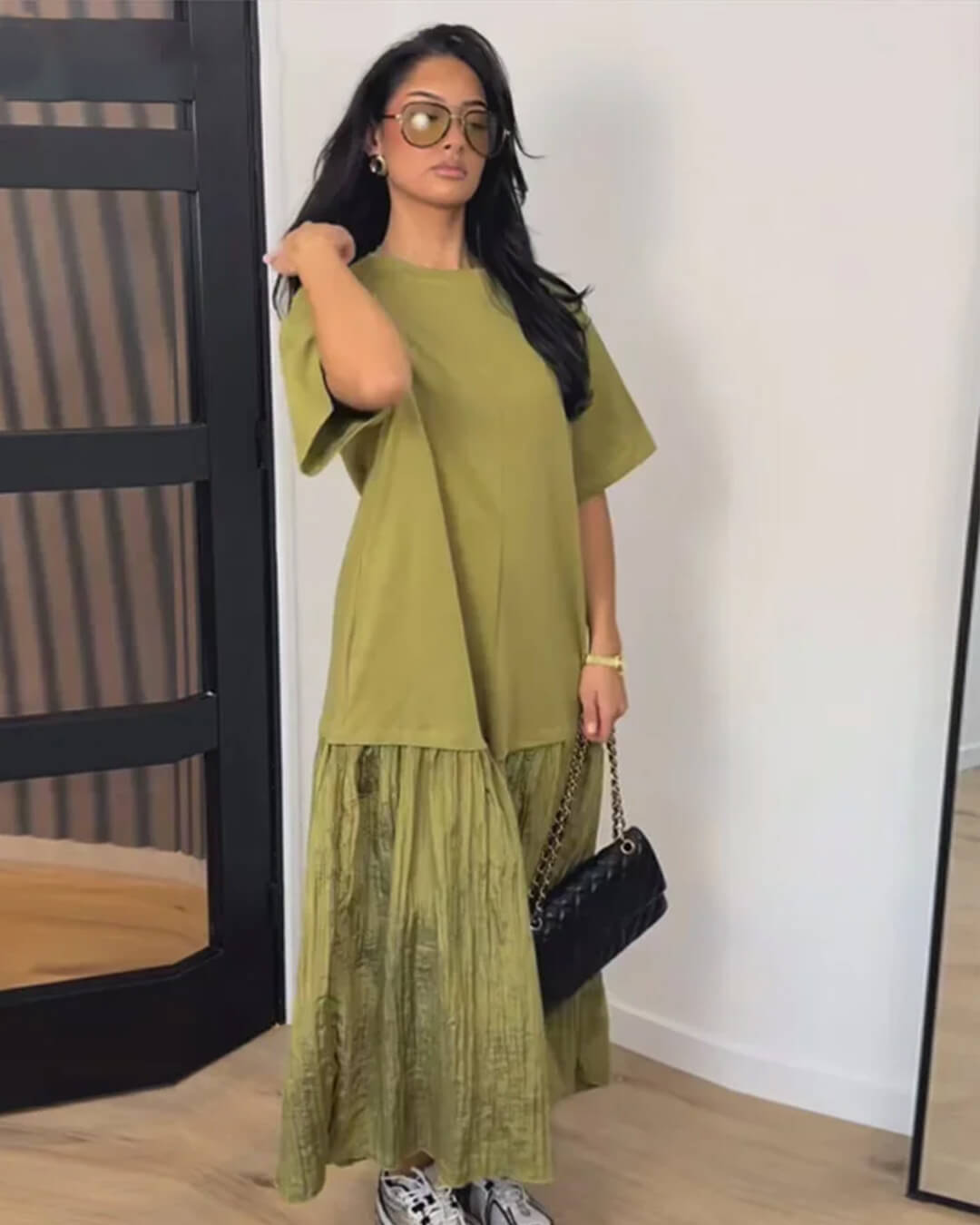 Celeste Pleated Patchwork Midi Dress