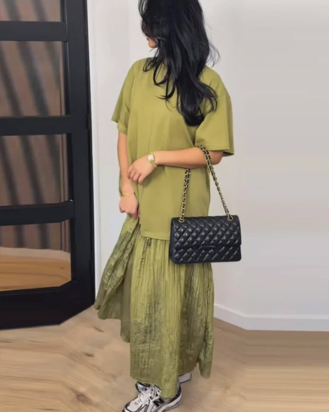 Celeste Pleated Patchwork Midi Dress