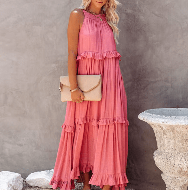 Vestido comprido de praia Celeste com bainha de folhos
