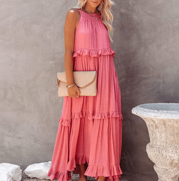 Vestido comprido de praia Celeste com bainha de folhos