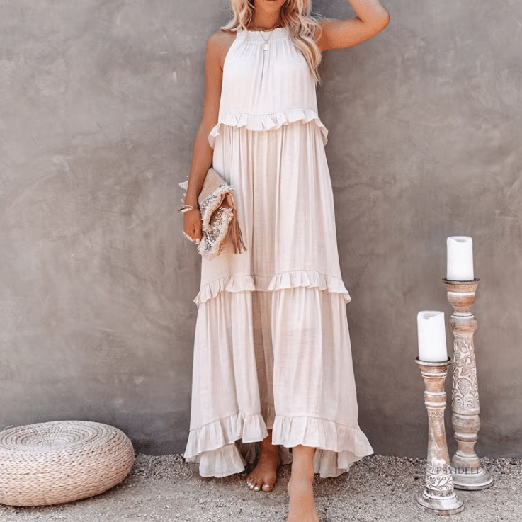 Vestido comprido de praia Celeste com bainha de folhos