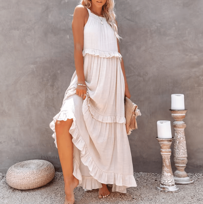Vestido comprido de praia Celeste com bainha de folhos