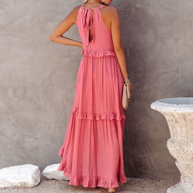 Vestido comprido de praia Celeste com bainha de folhos