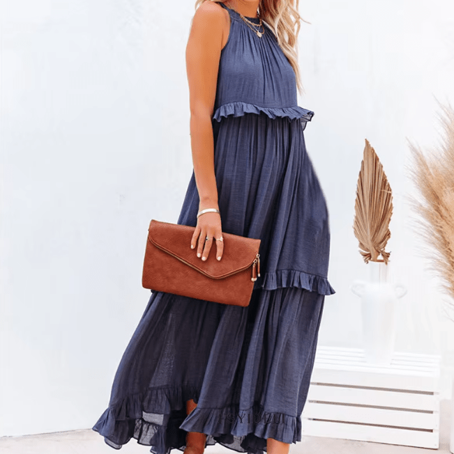 Vestido comprido de praia Celeste com bainha de folhos