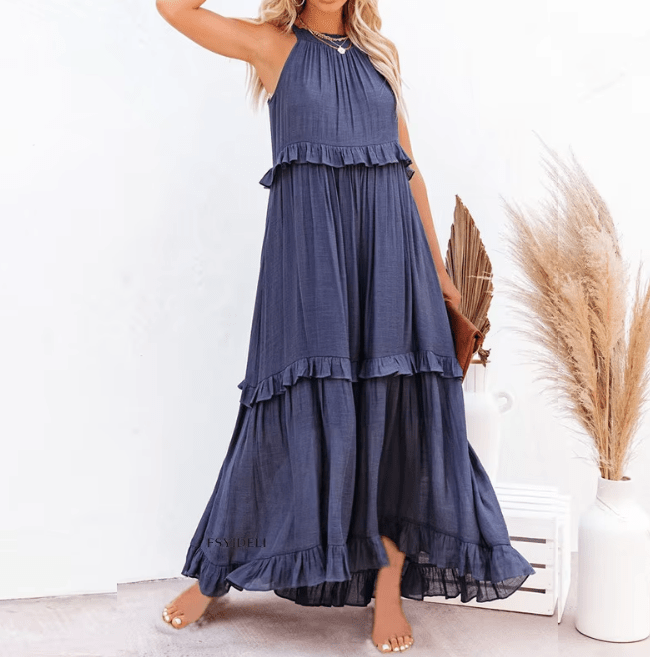 Vestido comprido de praia Celeste com bainha de folhos
