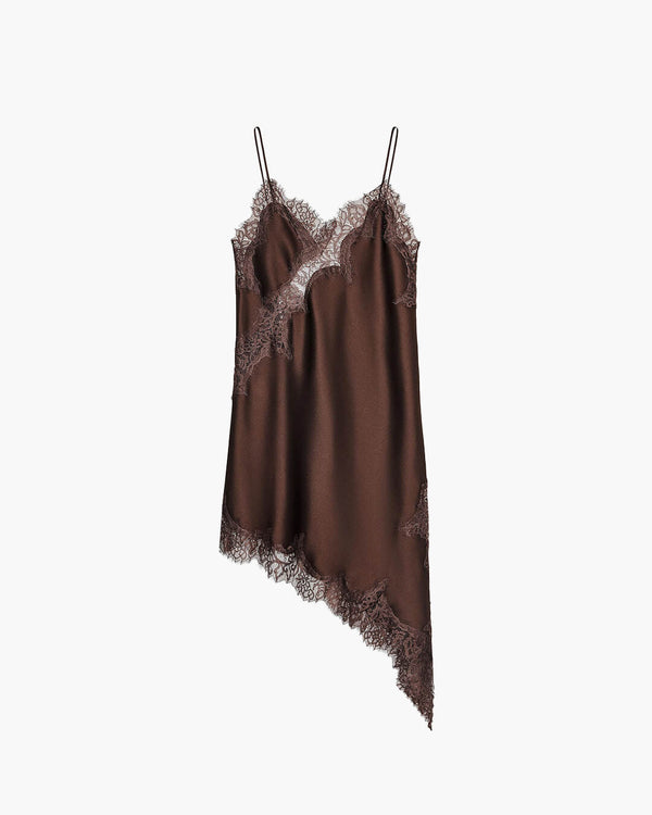 Vestido midi de cetim com renda assimétrica Chiara