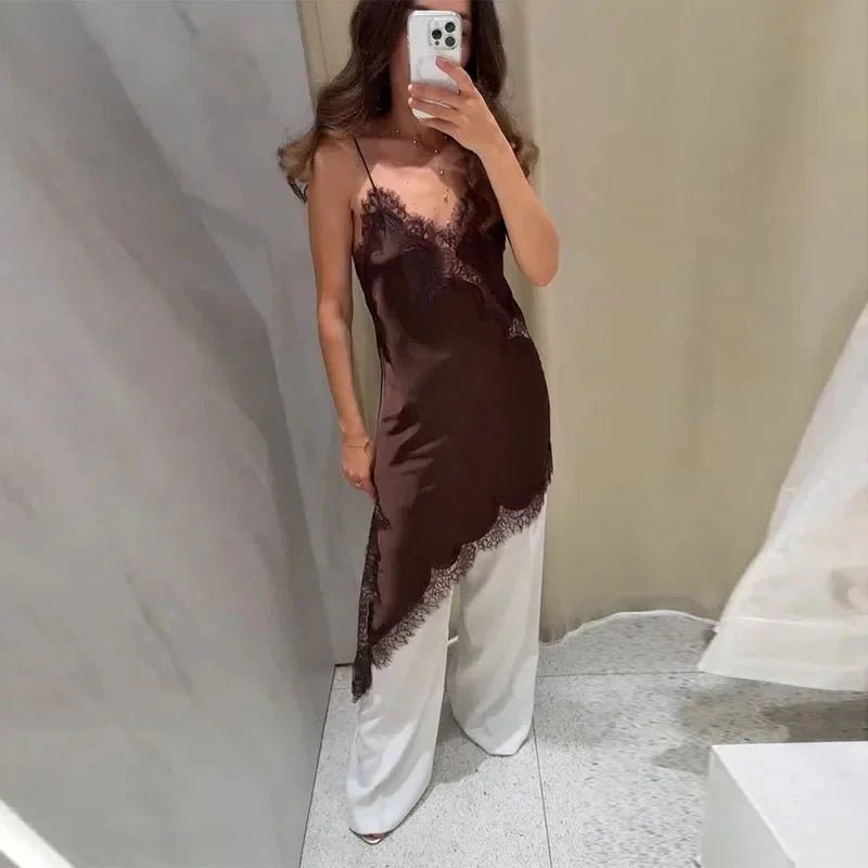 Vestido midi de cetim com renda assimétrica Chiara
