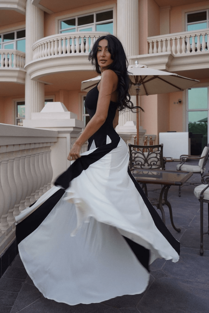 Vestido comprido Ciara plissado com contraste